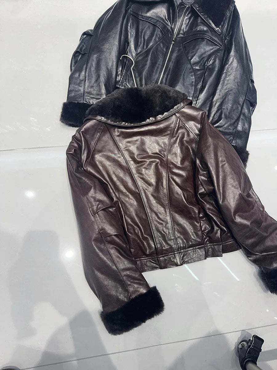 Genuine waxed sheepskin leather jacket with fur