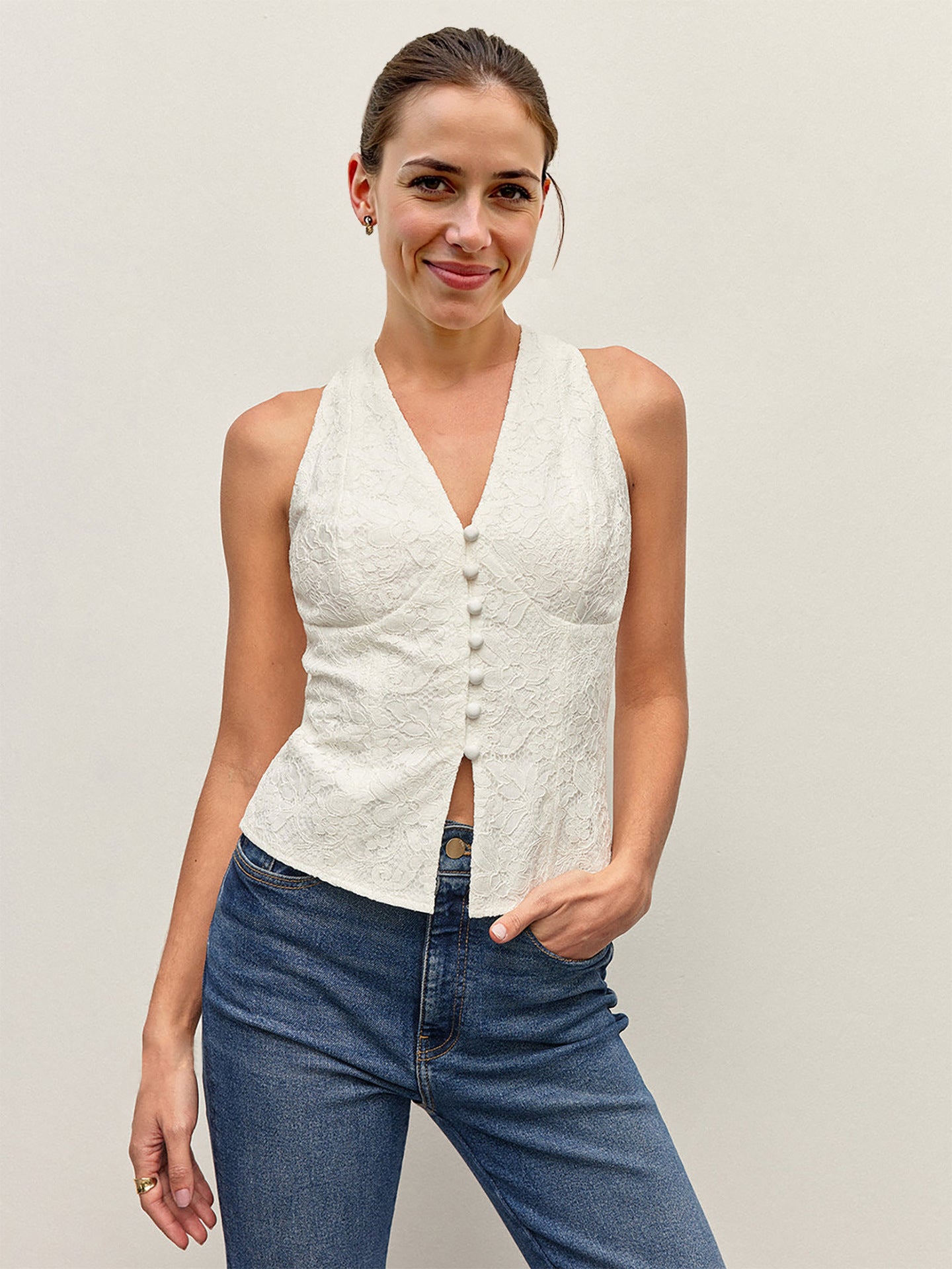 White Lace V-Neck Button Front Sleeveless Vest Top