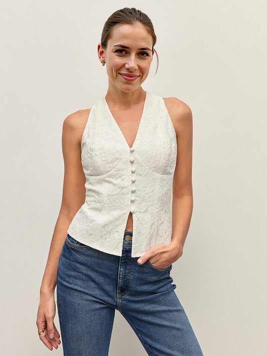 White Lace V-Neck Button Front Sleeveless Vest Top