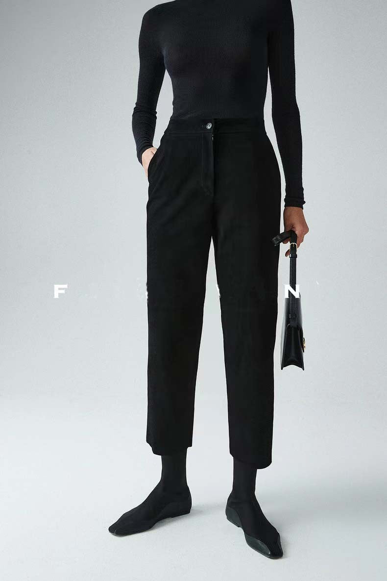 Genuine Suede Pants for Women High Waist Nine-Point Trousers