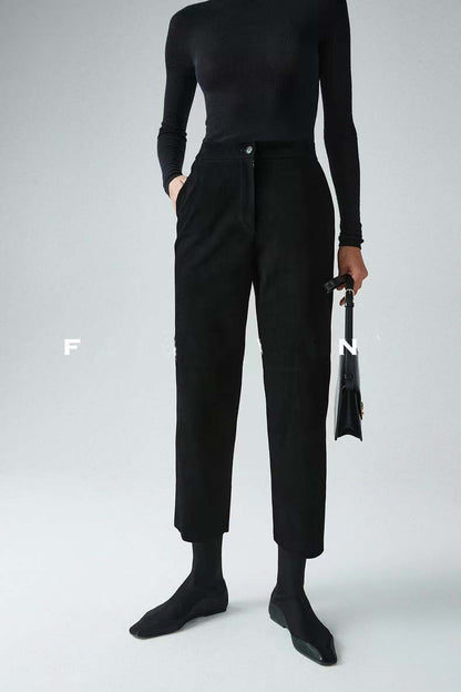 Genuine Suede Pants for Women High Waist Nine-Point Trousers