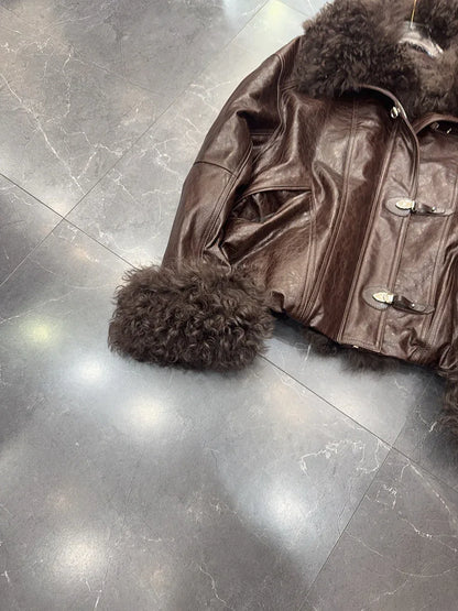 Genuine sheepskin leather jacket with fur collar