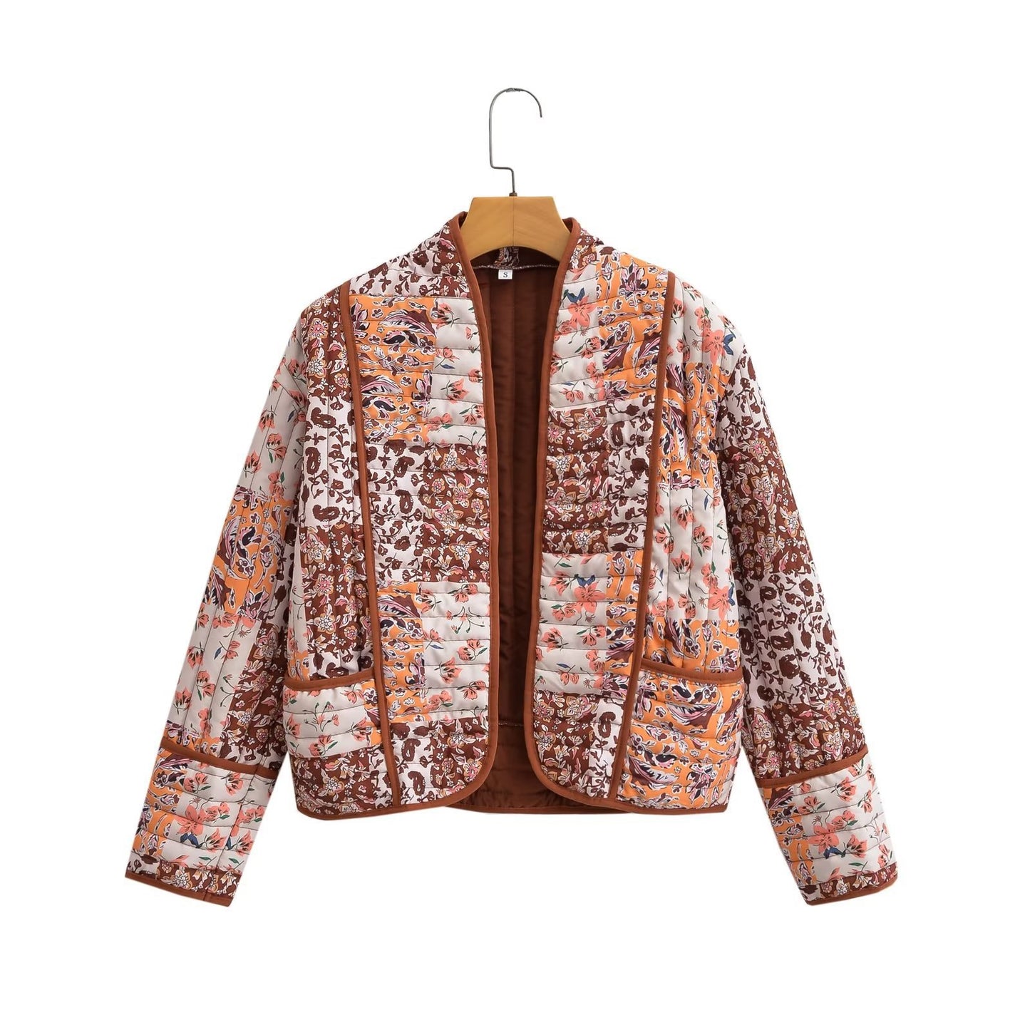 Women Patchwork Floral Print Woven Coat Quilted Polyester Jacket