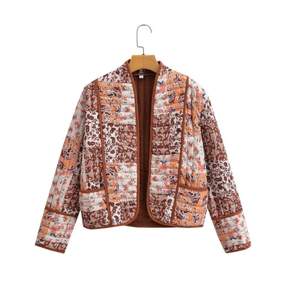 Women Patchwork Floral Print Woven Coat Quilted Polyester Jacket