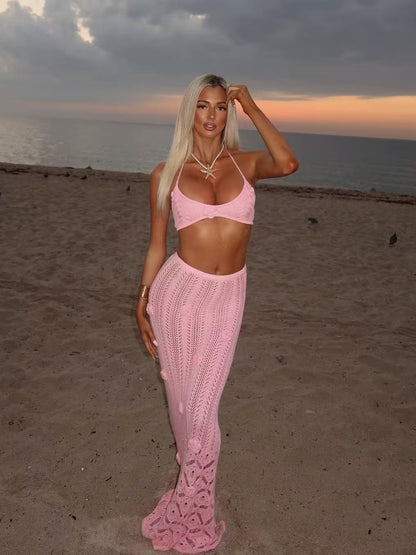 Pink Crochet Bikini & Floral Knit Beach Outfit