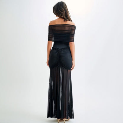 black off shoulder mesh ruched maxi dress women