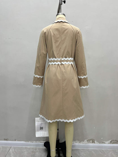 Beige Double-Breasted Trench Coat with White Wave Trim for Women