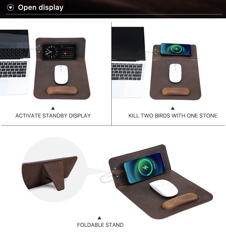 Large leather desk mat with wireless charging