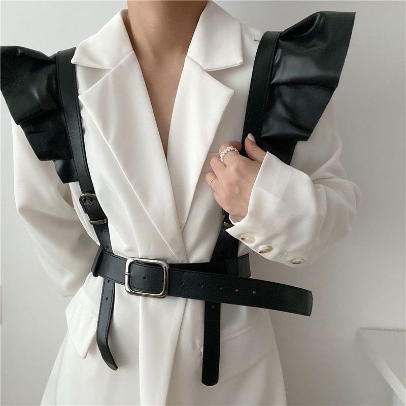 Women’s Black Faux Leather Harness Belt with Ruffled Shoulders