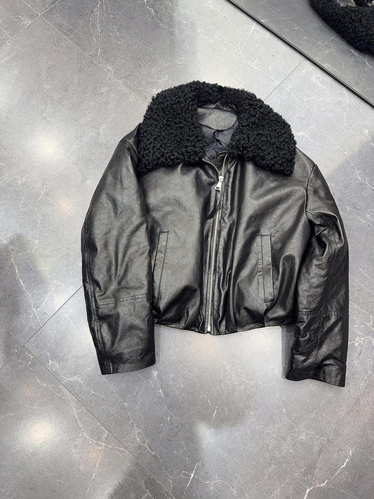 Genuine leather women bomber jacket with fur collar Black