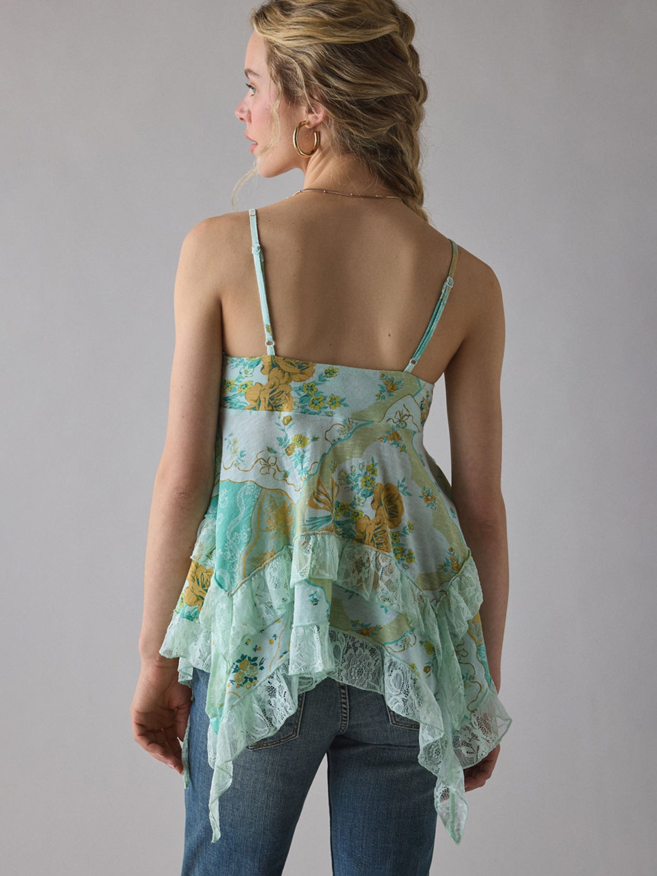 Floral camisole with lace ruffles and chiffon layers