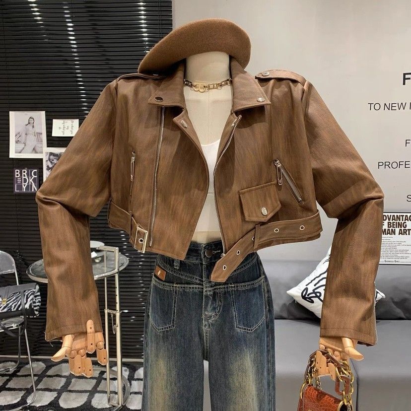 women cropped faux leather jacket