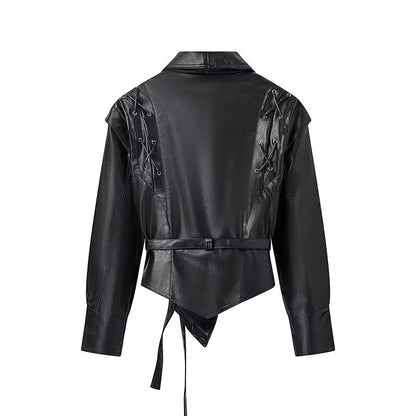 Faux Leather Jacket Women Belted Retro Wrap Style