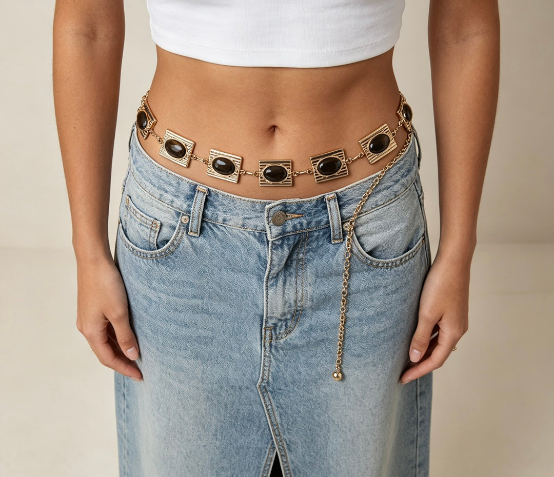 Women’s Imitation Tiger Eye Waist Chain with Geometric Links