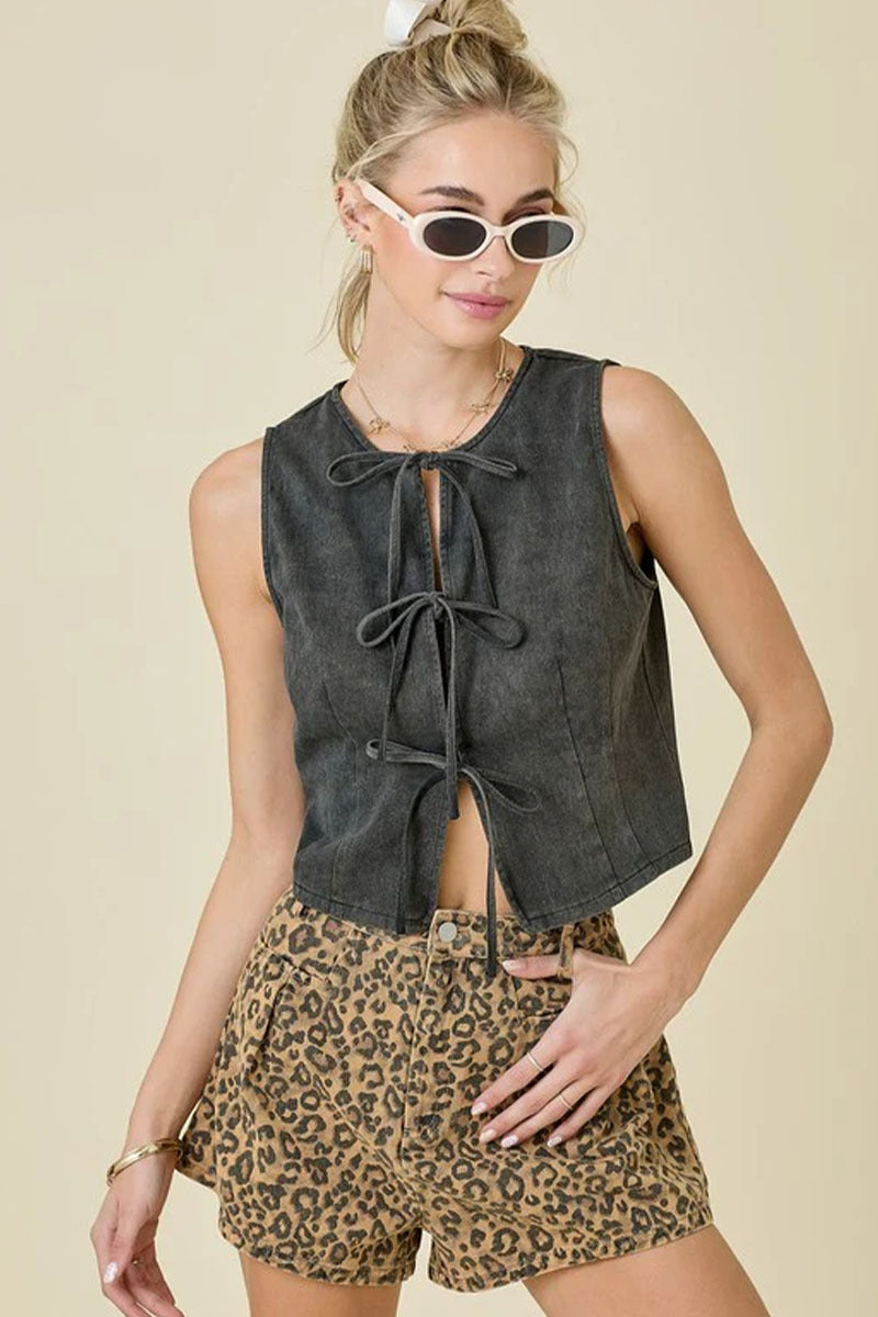 Denim Summer Top Women Sleeveless Front Open