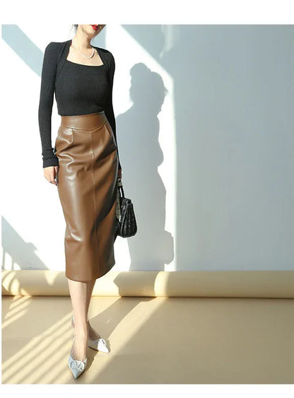 Brown sheepskin mid length bodycon leather skirt with slit