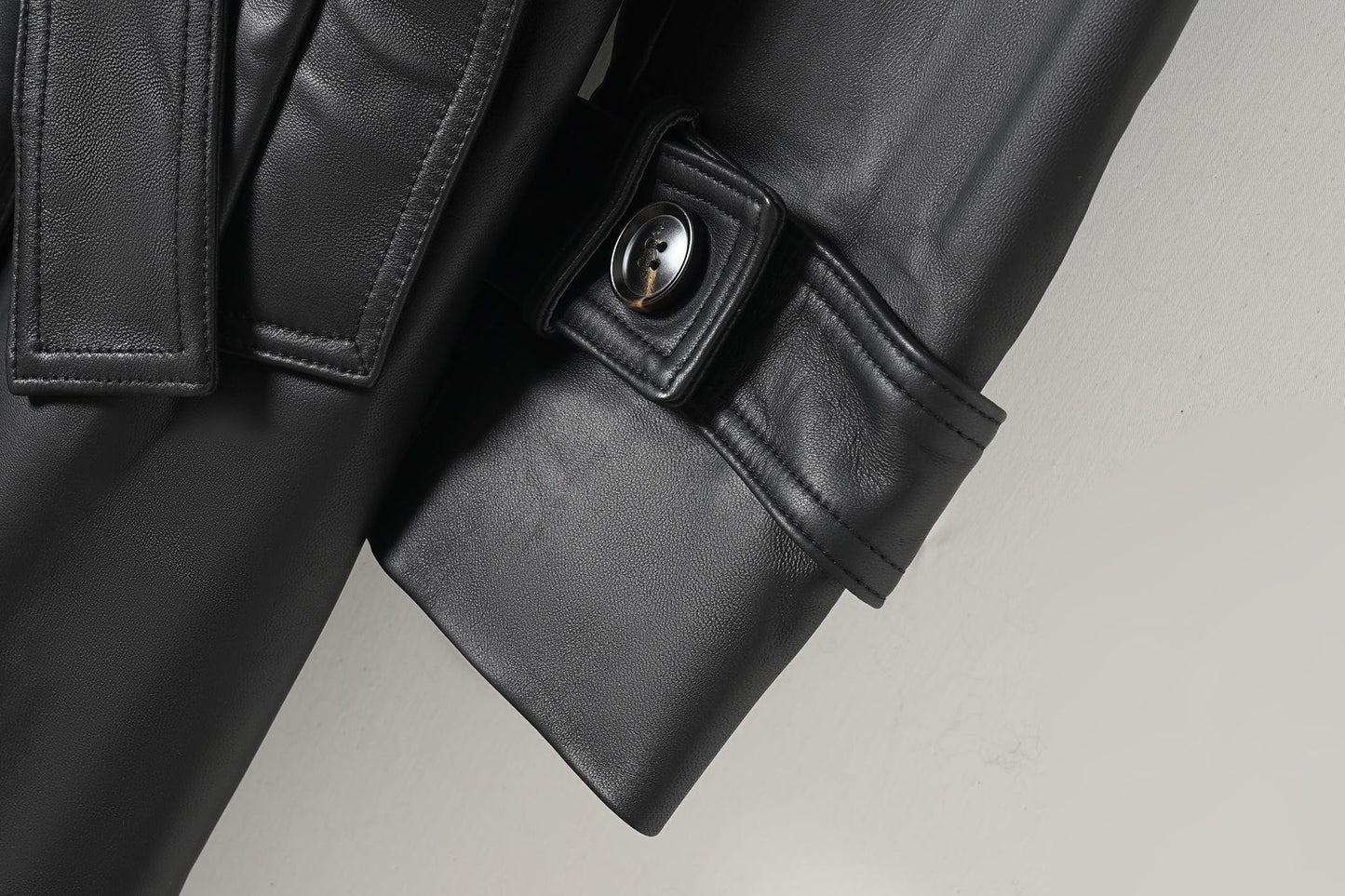 Women Leather Trench Coat Double-Breasted Long Belted