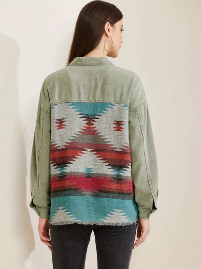 Green Lightweight Denim Jacket for Women with Tribal Woven Back