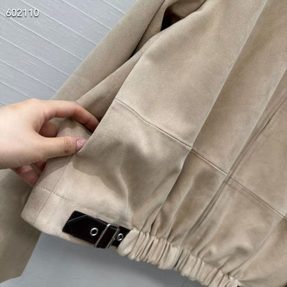 Women Beige Suede Bomber Jacket With Buckle Detail