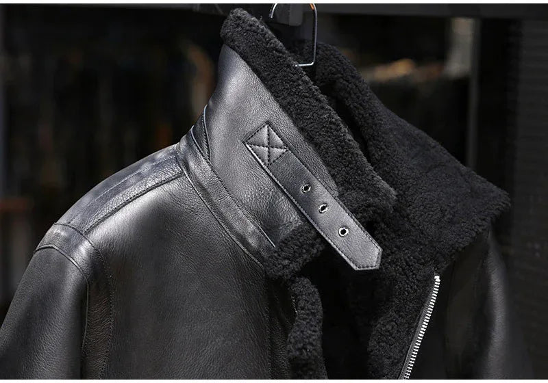 Men Real Sheepskin Shearling Fur Flight Bomber Jacket