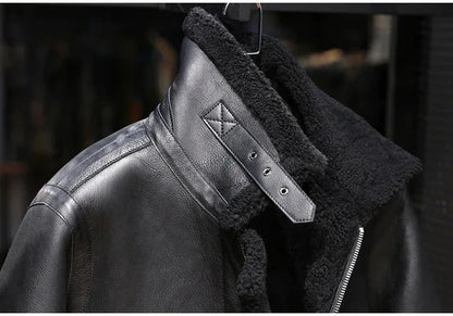 Men Real Sheepskin Shearling Fur Flight Bomber Jacket