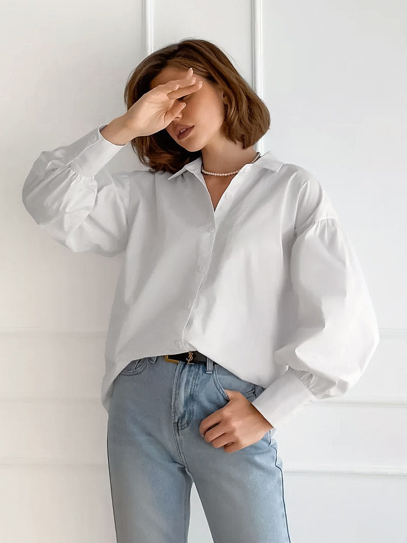 White puff sleeve cotton blouse for women