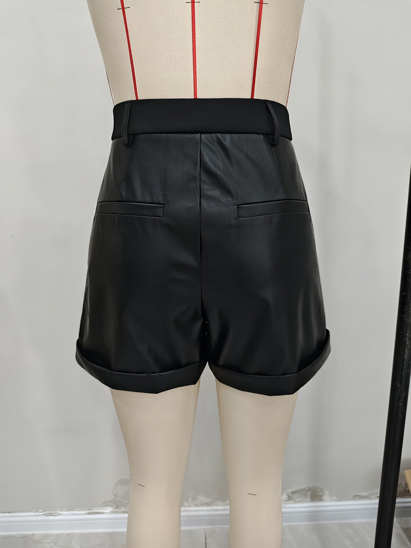 Black Faux Leather High Waisted Shorts for Women with Folded Hem