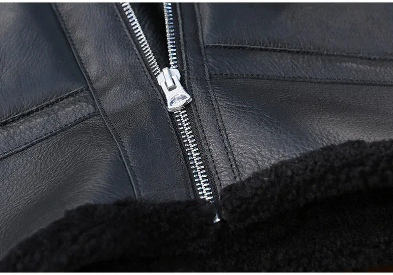 Men Real Sheepskin Shearling Fur Flight Bomber Jacket