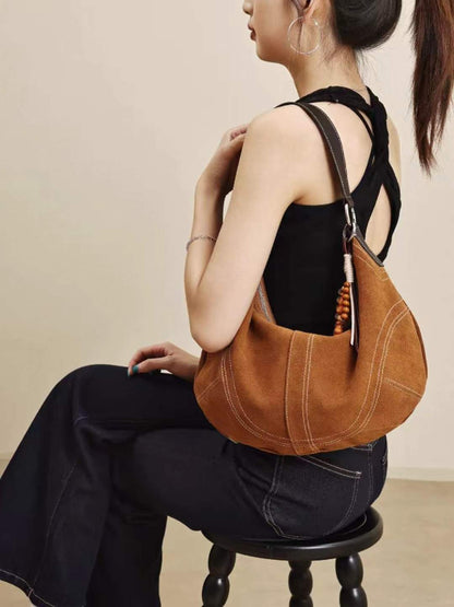 Suede Leather Underarm Crescent Shoulder Bag