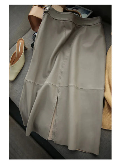 Elephant grey sheepskin midi leather skirt