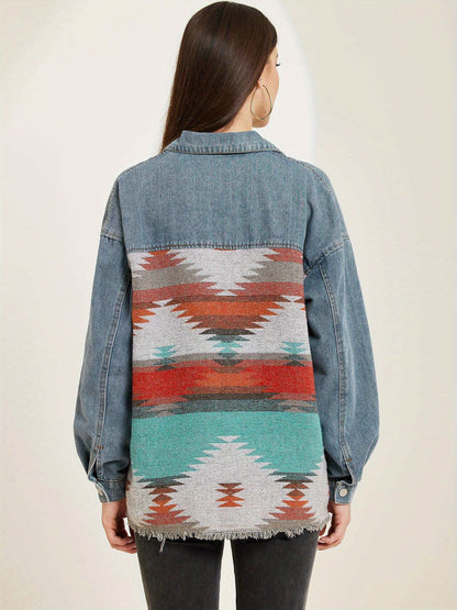 Oversized Tribal Denim Jacket for Women with Woven Back Panel