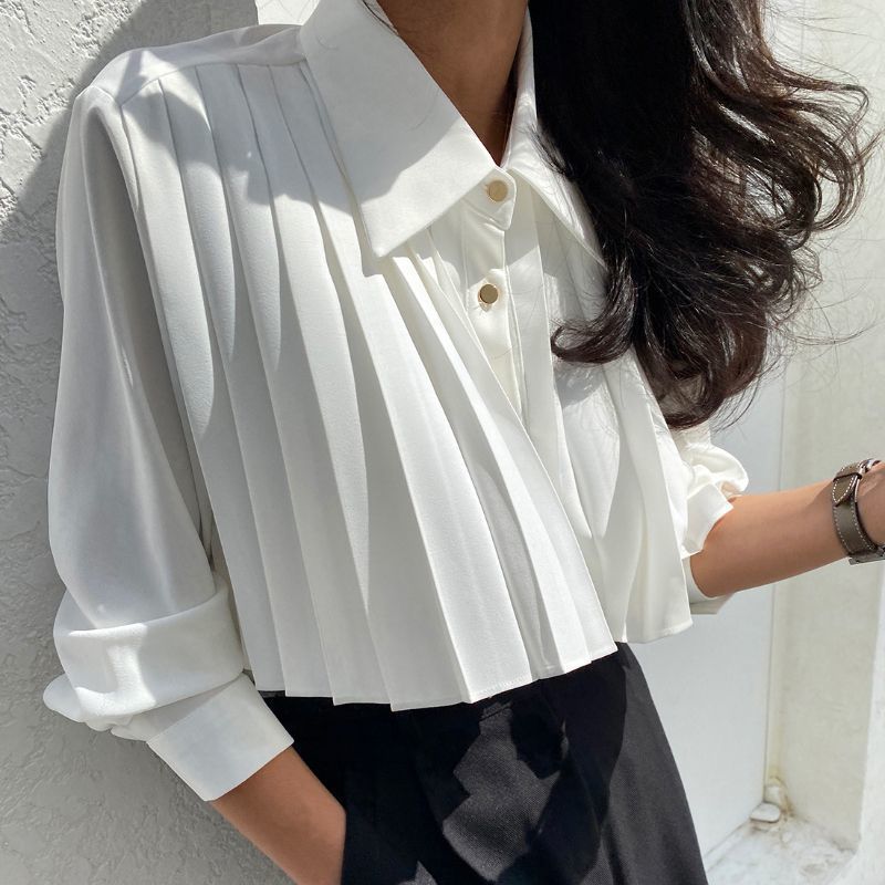 Pleated Design Solid Button Front Shirt