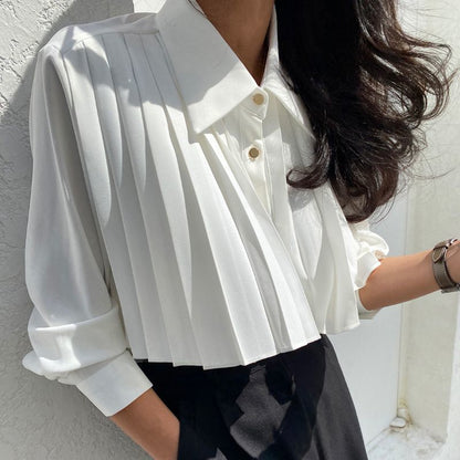 Pleated Design Solid Button Front Shirt