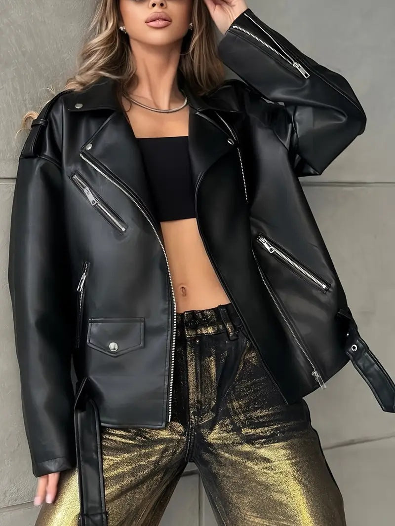 Women’s PU Oversized Leather Biker Jacket