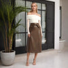 Brown Faux Leather Midi Skirt with Bow Belt High Waist