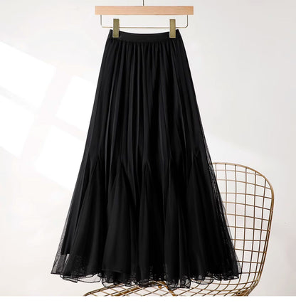 White pleated mesh skirt with elastic waistband