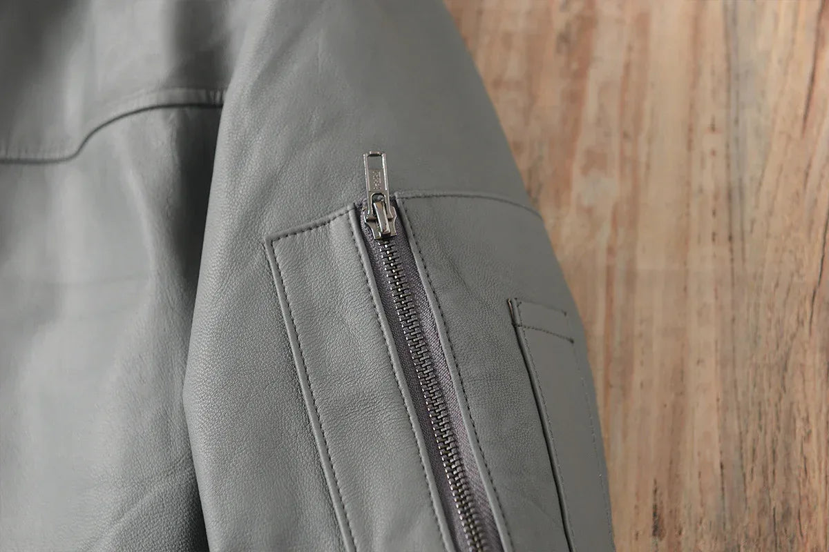 Men Grey Genuine Leather Bomber Jacket