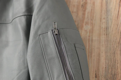 Men Grey Genuine Leather Bomber Jacket