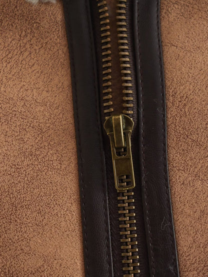 Faux suede fleece lined sleeveless vest jacket