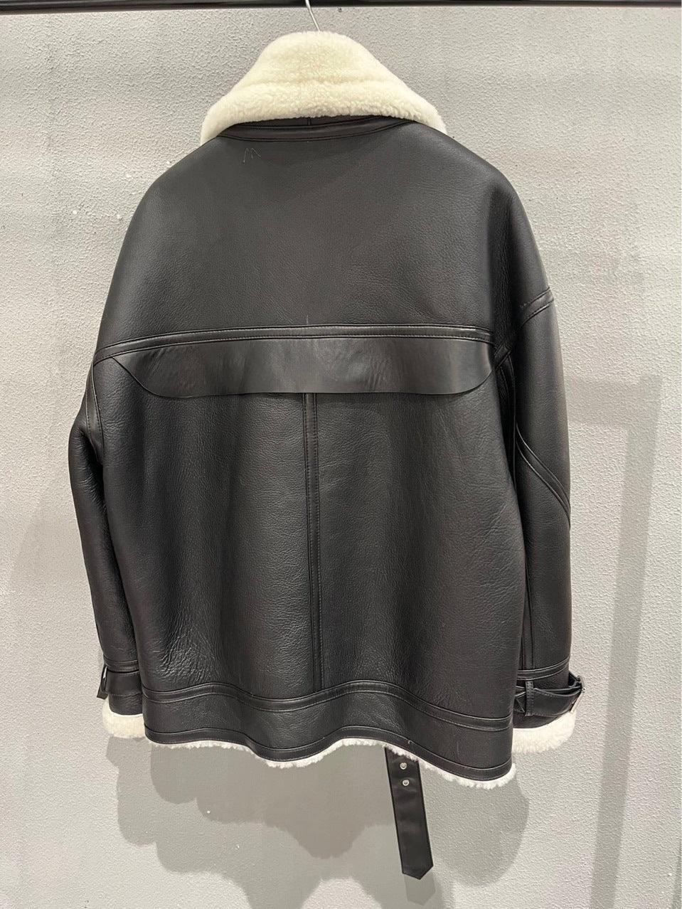 Women Genuine Leather Bomber Jacket with Real Fur