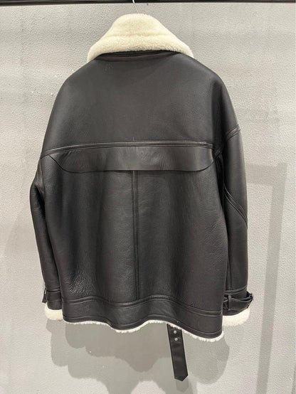 Women Genuine Leather Bomber Jacket with Real Fur