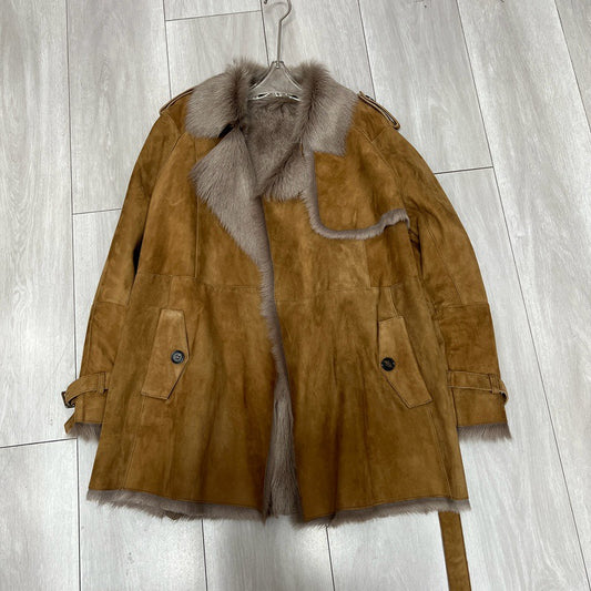 Women Brown Suede Jacket with Sheepskin Collar