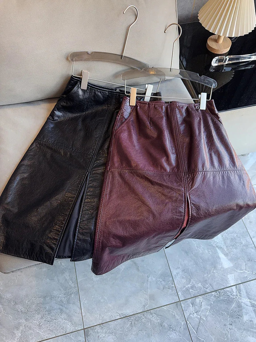 New waxed cowhide slit midi skirt