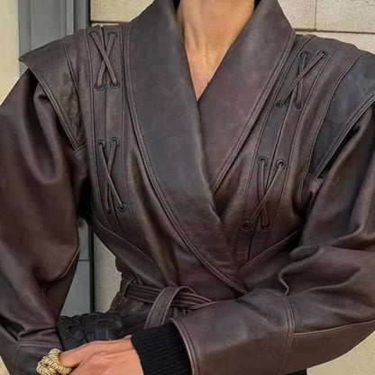 Faux Leather Jacket Women Belted Retro Wrap Style