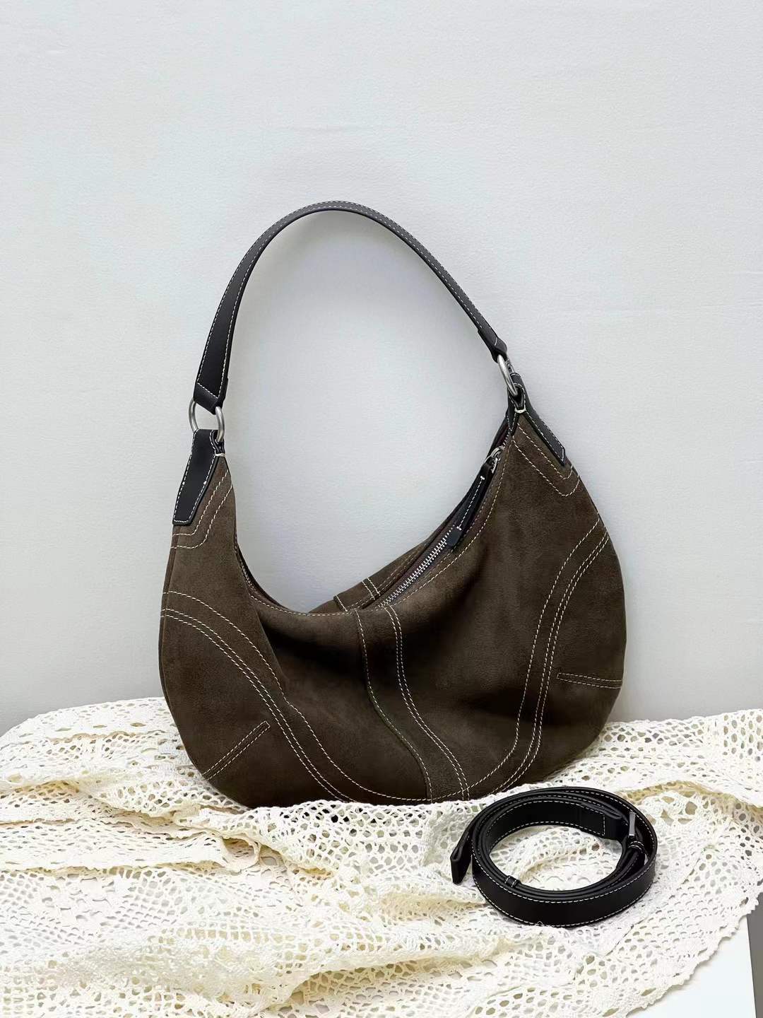 Suede Leather Underarm Crescent Shoulder Bag