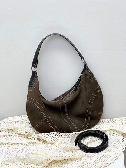 Suede Leather Underarm Crescent Shoulder Bag