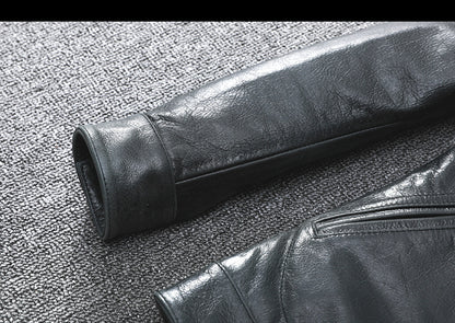 Black Leather Jacket Men Slim Fit Biker Oil Wax Vintage Style