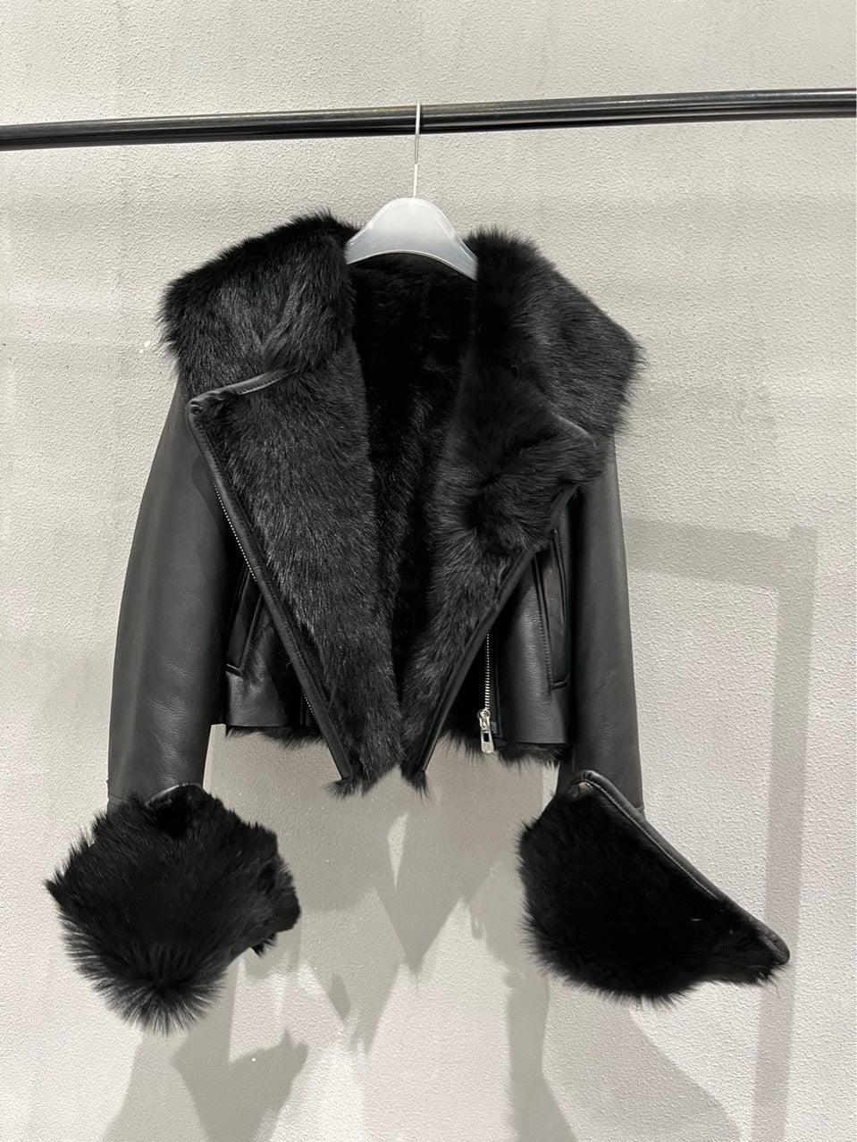 Women’s Genuine Leather Bomber Jacket with Shearling Fur Collar