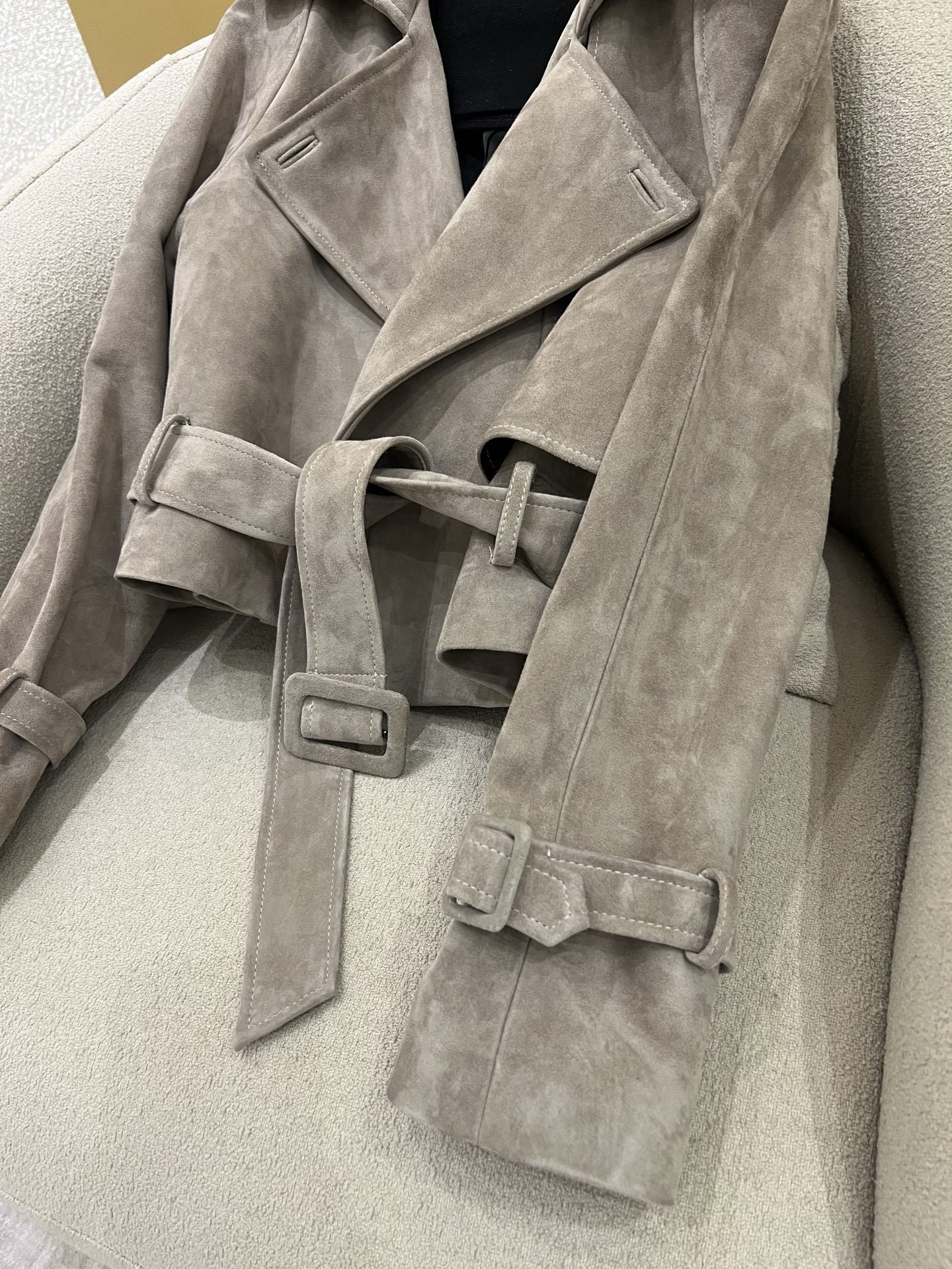 Women Suede Leather Short Trench Coat Maillard