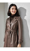 Women Brown Sheepskin Leather Trench Coat with Tie Waist
